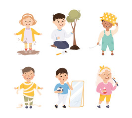 Little Boy and Girl with Different Type of Behavior Vector Set