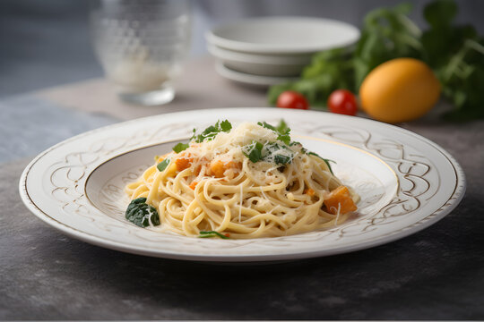 spaghetti meal with grated parmesan cheese studio shot
