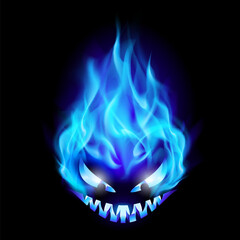 Blue Evil burning Halloween symbol. Illustration on black background