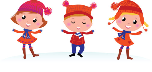 Collection of cute winter children. Vector cartoon Illustration.