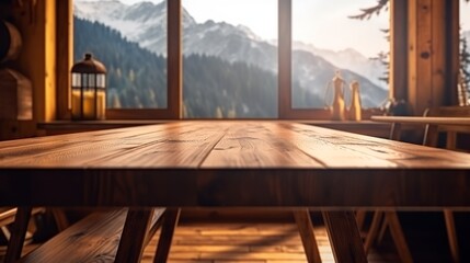 A rustic wooden table illuminated by natural light from a nearby window. Generative ai