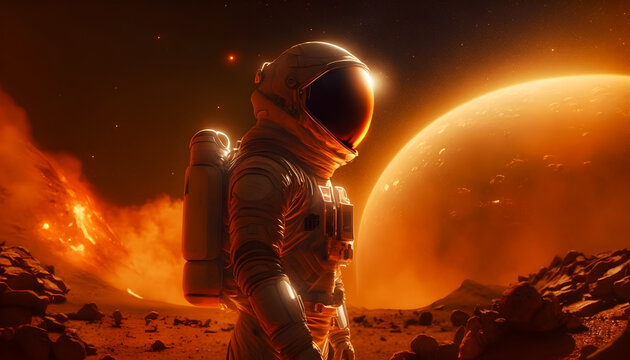 A Martian astronaut exploring the intriguing terrain of their enigmatic planet. Space exploration concept. Generative AI