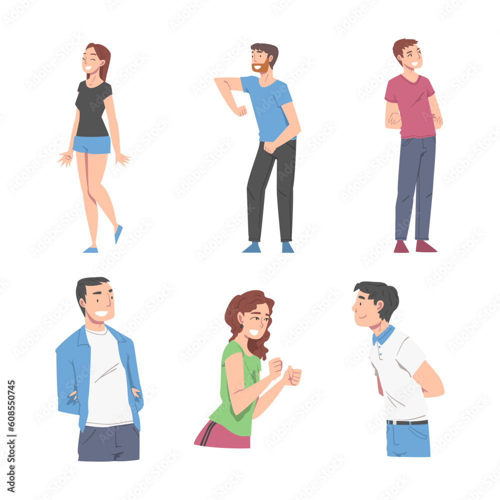 Sticker Happy Male and Female Character Smiling with Joy and Excitement Vector Set