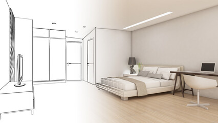 Bedroom of the home.a combination of line drawings and color.,3d rendering