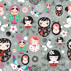 seamless colorful pattern of dolls on a gray background ornamental