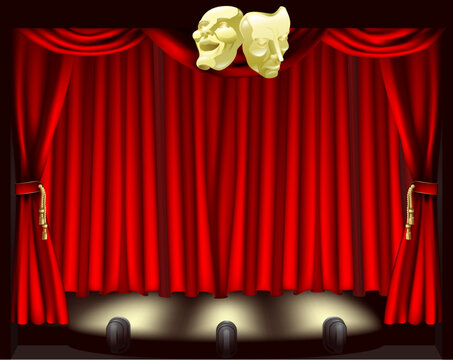 Theatre stage with curtains, footlights, and comedy and tragedy masks