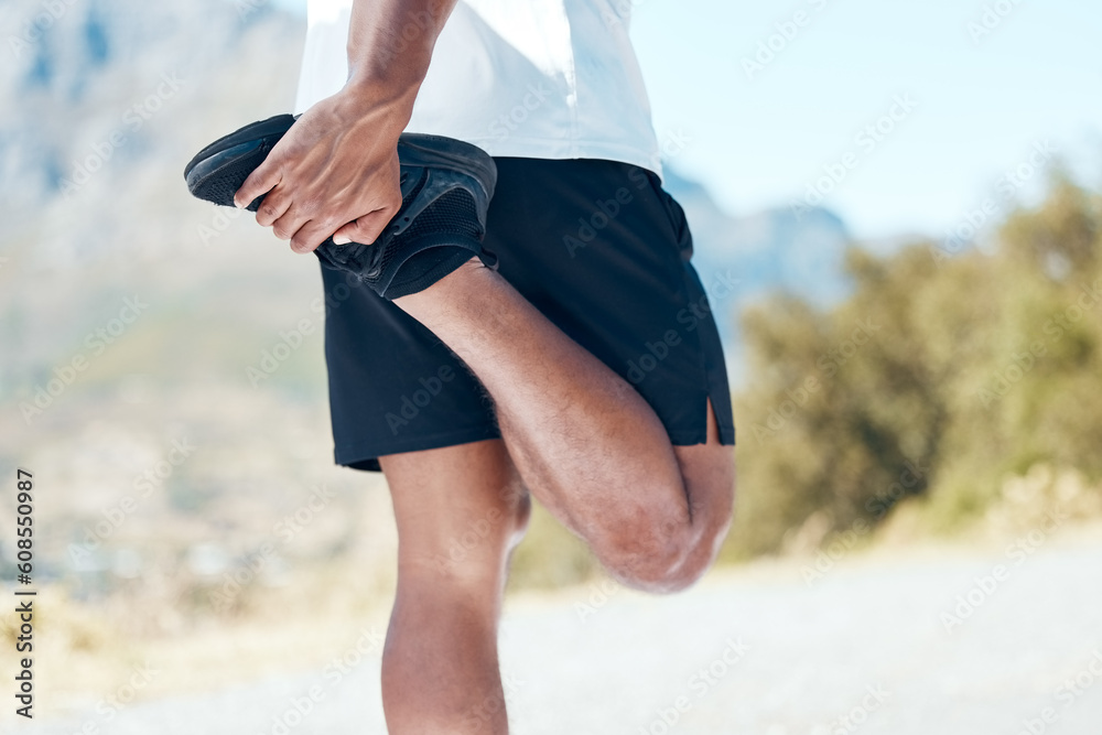 Sticker Man, fitness and hands stretching legs in nature for running, cardio workout or exercise outdoors. Hand of fit, active or sporty male person, athlete or runner in warm up leg stretch for mountain run