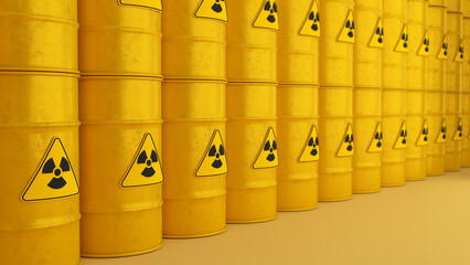 Radioactive storage tanks with a warning for chemical and radiation risks on a yellow backdrop.,3d rendering © oselote