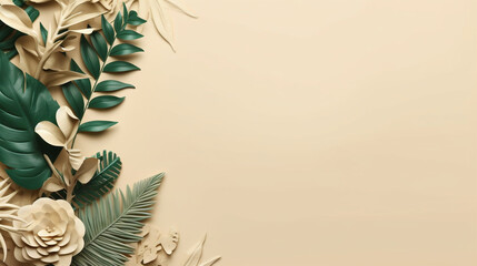 Fototapeta na wymiar flat lay leaves and flower on pastel beige background. Generative AI