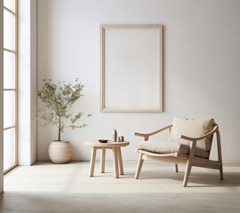 Modern interior japandi style design livingroom. Lighting and sunny scandinavian apartment with plaster and wood. Generative AI