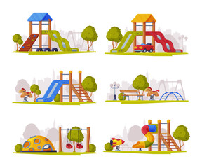 Colorful Wooden Slide with Tube and Ladder on Playground Vector Illustration Scene Set