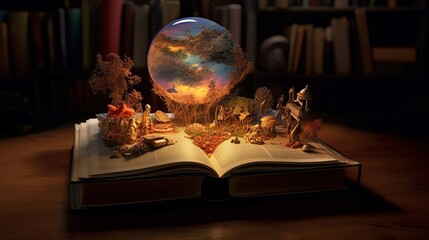 An open book with a mystical crystal ball resting on top. Generative ai