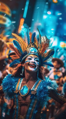 Imaginary dancer in samba costume with feathers on Latin-American street celebration. A grand spectacle of samba parades, vibrant costumes, and lively street parties.