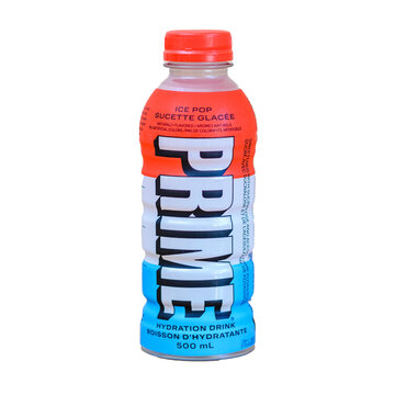 A bottle of Prime hydration energy drink.White isolated background.Telsiai,Lithuania.05-31-2023.