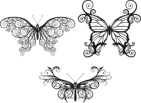Illustrations of stylised abstract butterflies with patterns and swirls making up wings