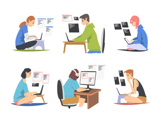 Web Developer or Programmer Working In Front of Computer Screen Vector Illustration Set