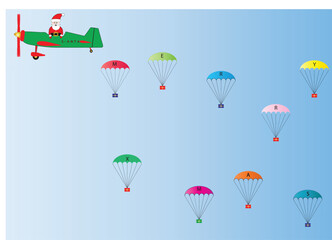 Vector Image of Father Christmas in a Green and Red Plane dropping Presents on Parachutes suitable for Gift Wrap or Greetings Cards