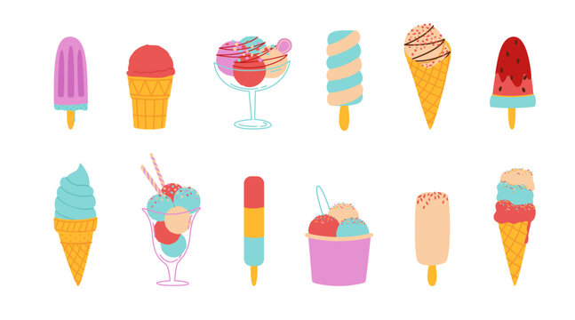 Colorful ice cream vector set. Types of dessert. Corn, ice cream on a stick, waffle. Color minimalistic summer illustration. Ideal for stickers, petterns and web.