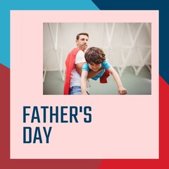 Composite of father's day text over caucasian father wearing cap flying playful son, copy space