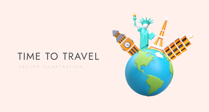 3d realistic globe with famous world sights. Big Ben, Eiffel Tower, Statue of Liberty and Leaning Tower of Pisa. Web poster with place for text. Vector illustration with warm background