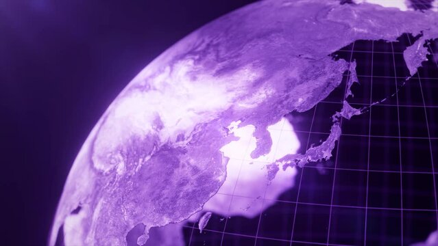 4k Seamless loop video of glowing and Futuristic rotating animation of earth globe in close up shoot on Right Bottom side, Business and Technology purple Background