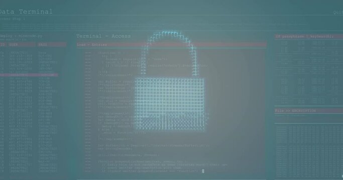 Animation of squares forming cloud, shield and padlock over computer language and abstract interface