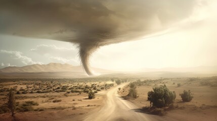 A massive tornado looming over a rural dirt road. Generative ai