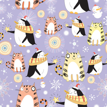 seamless pattern with winter fun cats and penguins on a violet background
