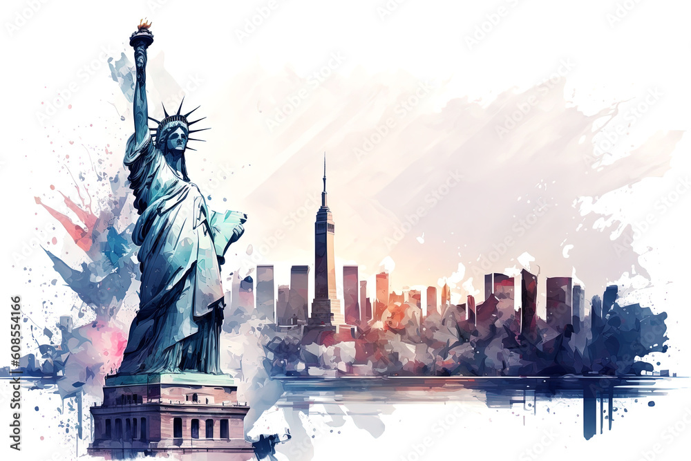 Wall mural Statue of Liberty and city in watercolor style , Generative ai