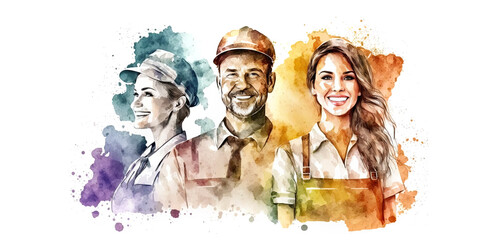 Group of workman in watercolor style , Generative Ai	