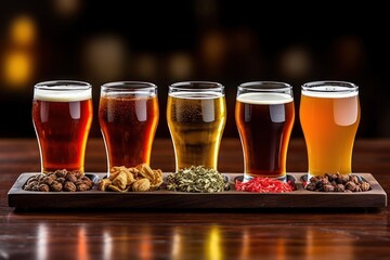 Assorted beers draft beer in glasses Generated with AI - obrazy, fototapety, plakaty