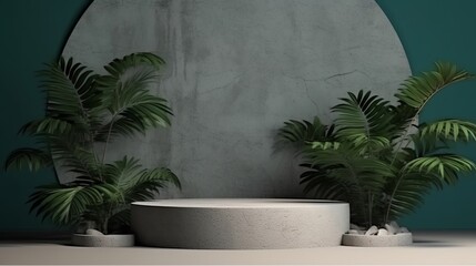 Background products, a podium with stone pedestals and palm leaves on the background, a stand to show cosmetic products. Free space for text. Generative AI