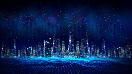 Metaverse smart technology city. Digital futuristic data skyscrapers on technological blue background. Business, science, internet concept  - obrazy, fototapety, plakaty