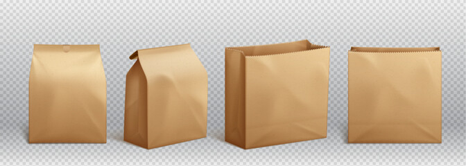 Brown paper lunch vector food craft box package vector mockup. Blank realistic isolated pack for take away breakfast or snack icon. Empty folded kraft grocery product container illustration set