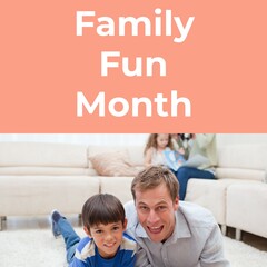 Composite of family fun month text and happy caucasian father and son lying on carpet at home
