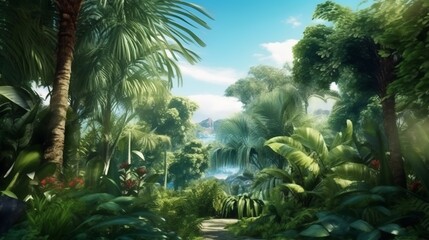 Fototapeta premium A vibrant tropical jungle with tall palm trees and lush greenery. Generative ai