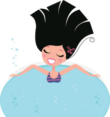 Young pretty woman relaxing in whirlpool. Vector Illustration in retro style.