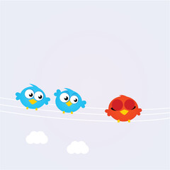 Diversity - red bird standing away blue birds. Vector illustration.