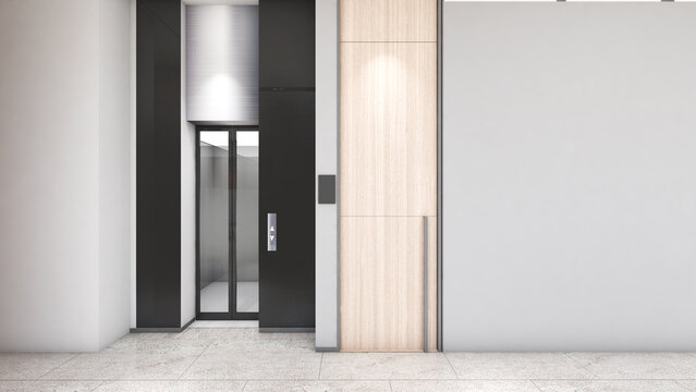 Poster mockup wall and elevator hallway in office building, mock up ,3d rendering