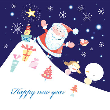 graphics card with Santa Claus and snowmen on a blue background with snowflakes and a slide