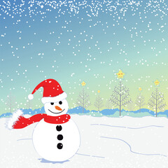 Christmas greeting snowman on white snow land
