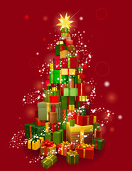 Stack of gifts in the shape of a Christmas tree with lights and red background