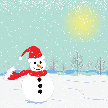 Christmas greeting snowman on white snow land