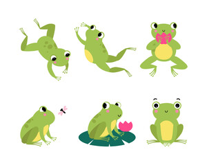 Cute Green Frog with Protruding Eyes Vector Illustration Set