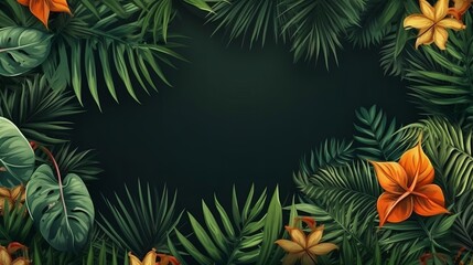 Naklejka na ściany i meble A vibrant green tropical foliage background with leaves and flowers. Generative ai