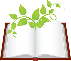 Open book with young green plant. Vector illustration.