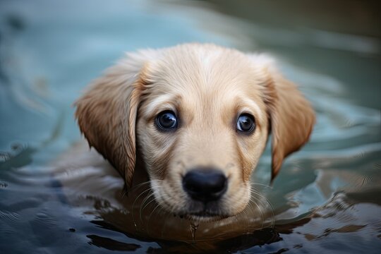 golden retriever puppy swimming in a pool looking into the camera AI Generated
