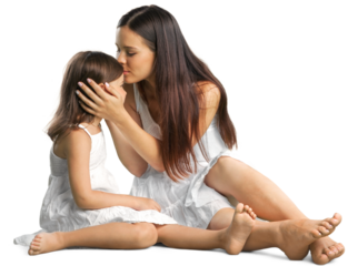 Happy mother and her daughter in white dress