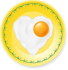 Heart-shaped fried egg on plate. Illustration on white background
