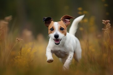 Jack Russell Terrier running in the autumn field. Pet animals. AI Generated